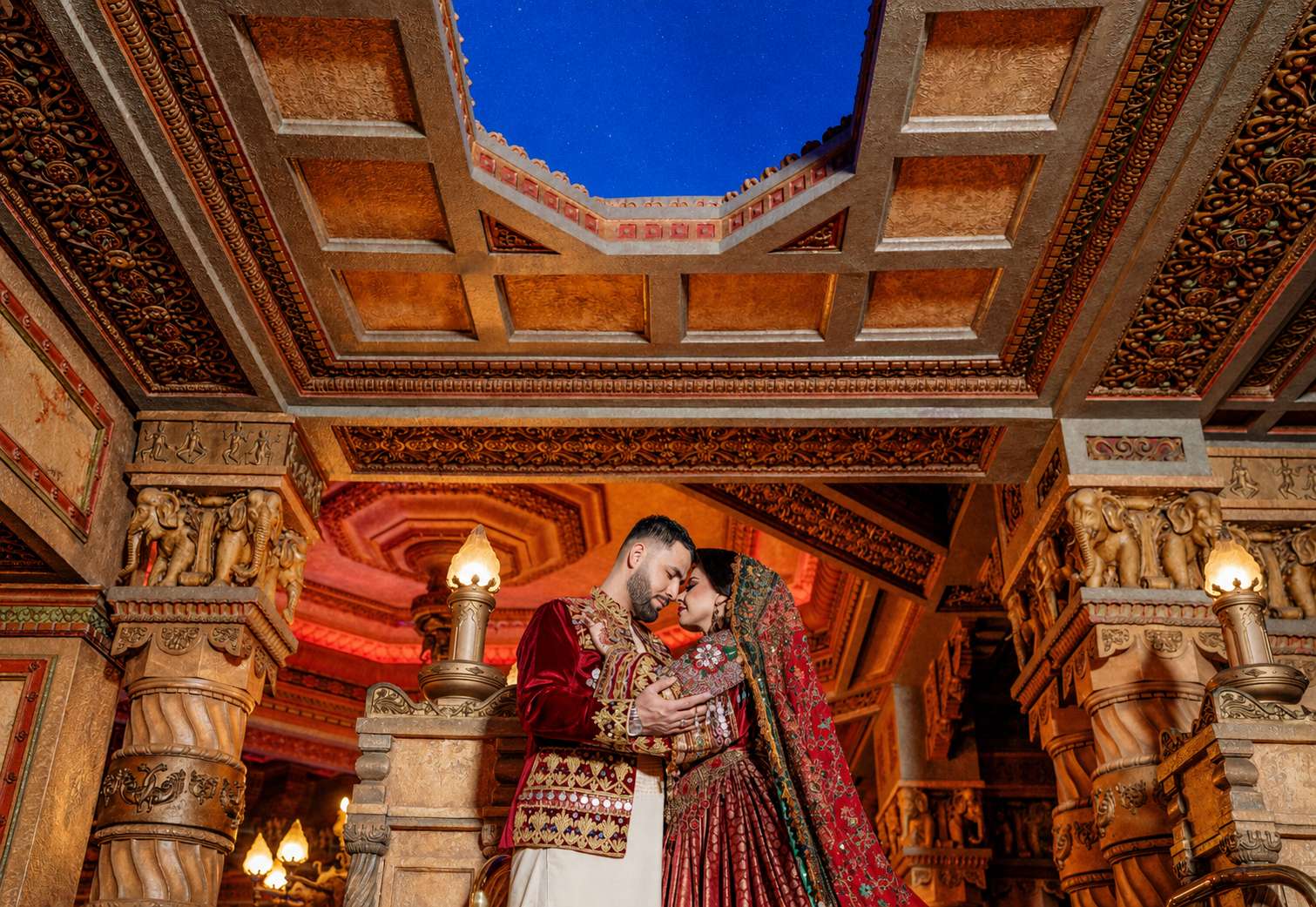 Afghan wedding couple in traditional red attire inside an ornate Sydney venue photographed by HAP FILM