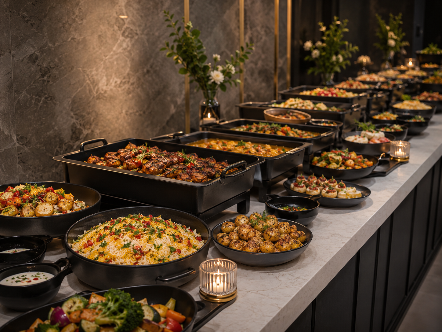 Elegant event buffet with black serving dishes for Sara Catering
