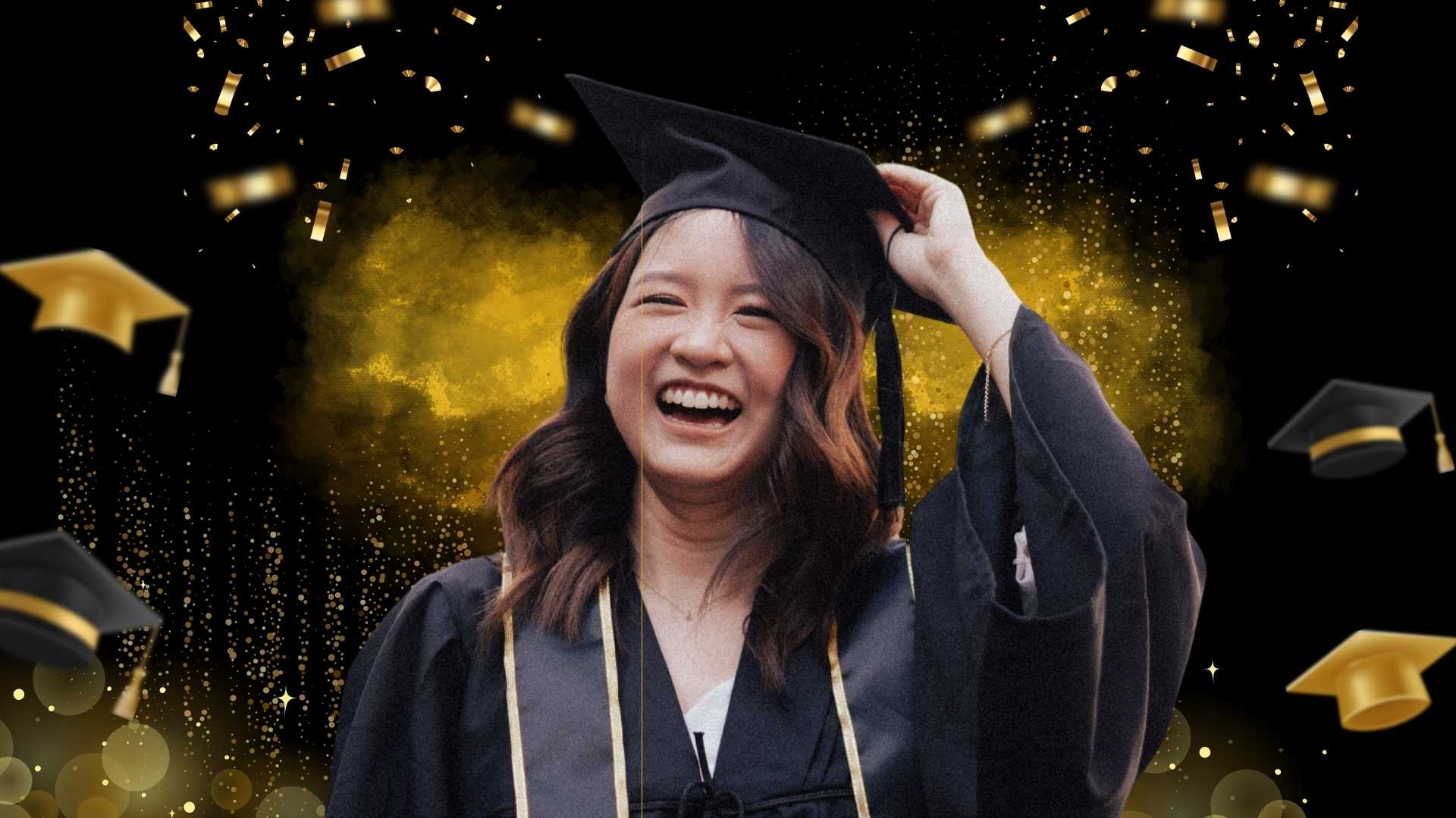 A smiling graduate in a black cap and gown celebrating, with a black and gold confetti background, photographed by Hapfilm in Sydney.