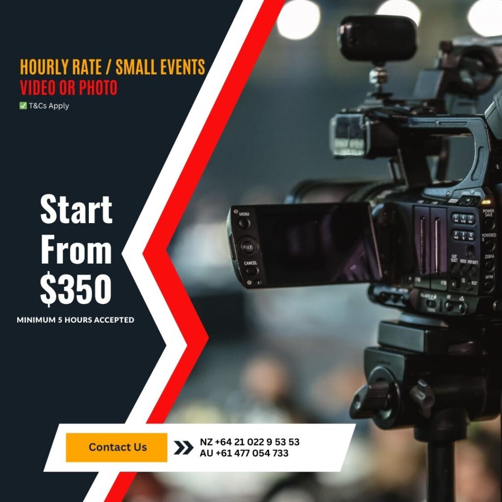 Promotional graphic for HAPfilm's hourly rate video or photo services for small events in Australia and New Zealand. Features a professional camera on a tripod against a dark background with glowing lights. Bold text highlights "Start From $350" with minimum 5 hours accepted, T&Cs apply. Contact buttons for NZ (+64 21 023 853) and AU (+61 477 0533).