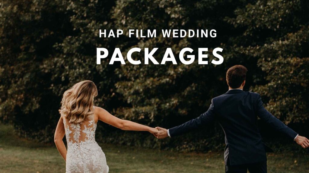 Bride and groom holding hands and walking outdoors, with “Hap Film Wedding Packages” text overlay, promoting wedding photography and videography services in Sydney.