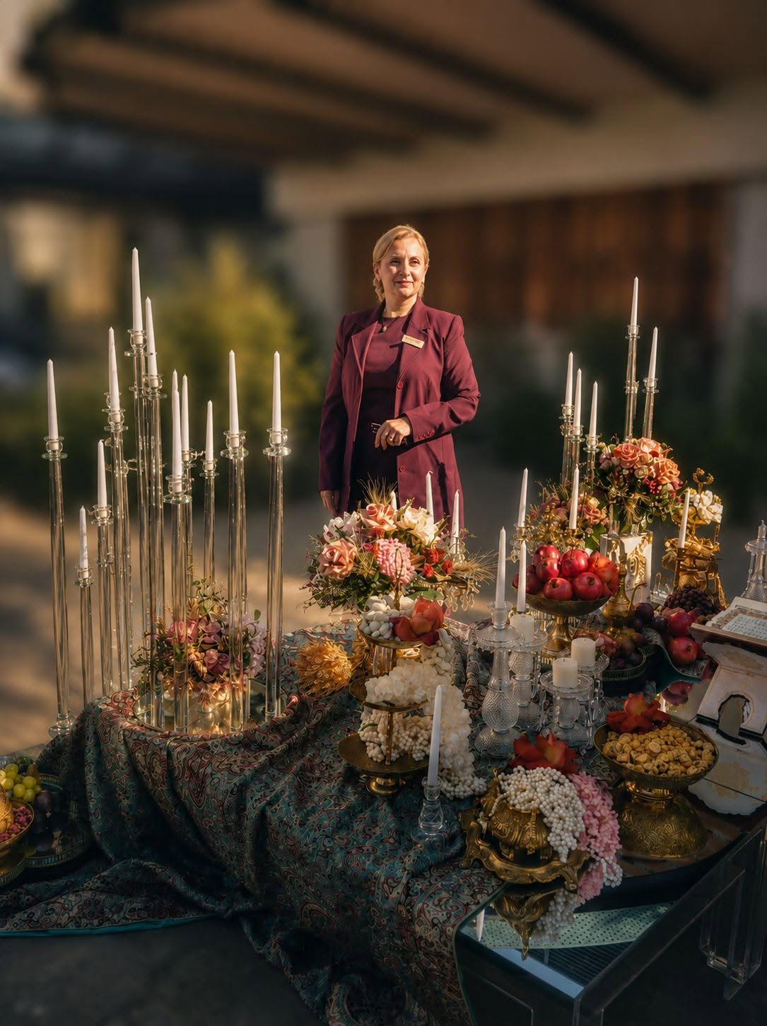 Bita Behrady beside an elegant Persian Sofreh Aghd at a Sydney wedding